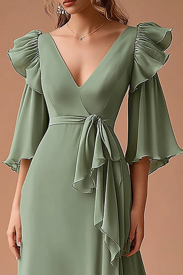 Dusty Sage V-Neck Ruffled Chiffon A Line 3/4 Sleeves Long Formal Dress